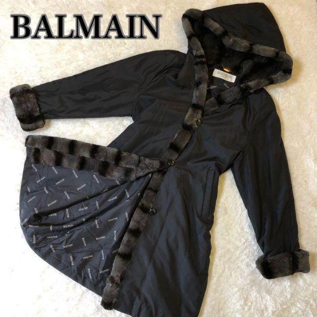 BALMAIN バルマン シルク100% ロングコート ファーコート 高級素材-