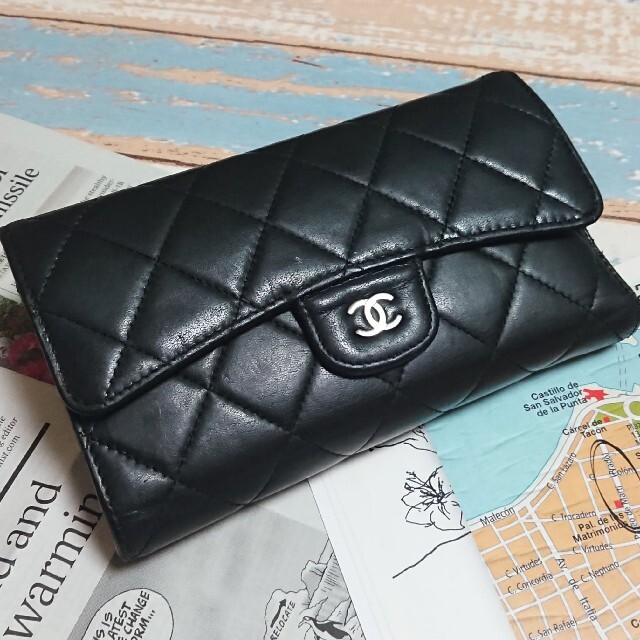 正規品 良品☆シャネル ラムスキン マトラッセ☆フラップ 長財布-