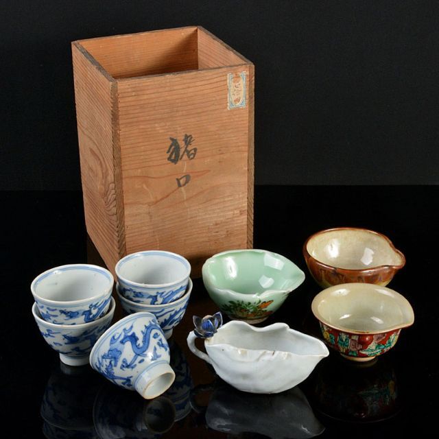 染付龍文　煎茶碗　五客　青木木米造　色絵人物文等　湯冷　四点　F　R4327