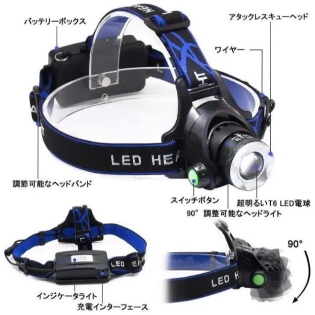 LEDヘッドライト 充電式 充電ケーブル 18650充電池 3点セット スポーツ/アウトドアのアウトドア(ライト/ランタン)の商品写真