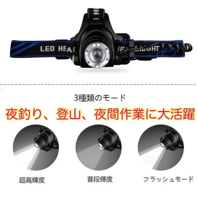 LEDヘッドライト 充電式 充電ケーブル 18650充電池 3点セット スポーツ/アウトドアのアウトドア(ライト/ランタン)の商品写真