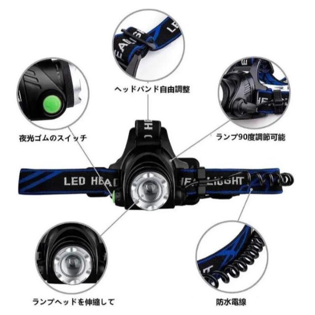 LEDヘッドライト 充電式 充電ケーブル 18650充電池 3点セット スポーツ/アウトドアのアウトドア(ライト/ランタン)の商品写真