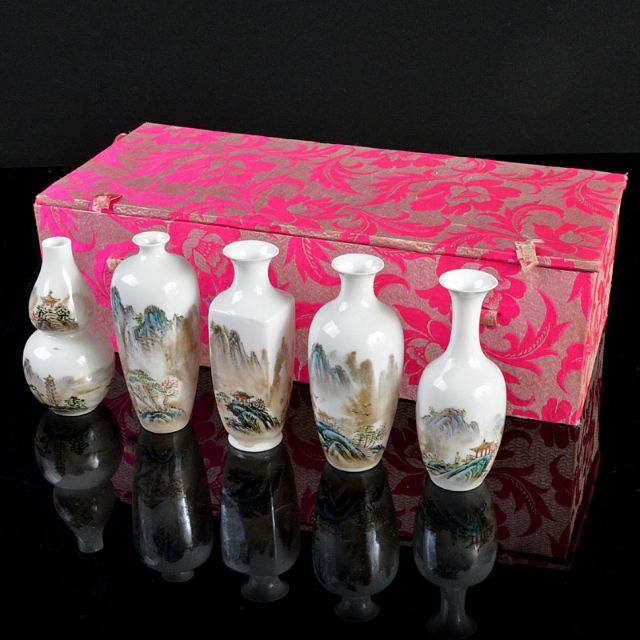 中国　景徳鎮製　薄胎粉彩　山水文　小瓶　5点　V　R4336美術品/アンティーク