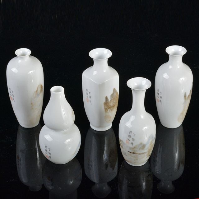 中国　景徳鎮製　薄胎粉彩　山水文　小瓶　5点　V　R4336美術品/アンティーク