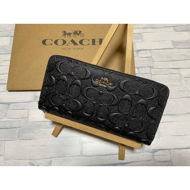 財布【COACH】コーチ 長財布 デボスドシグネチャー黒レザー(F53834)