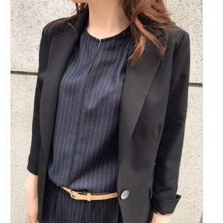 スーツカンパニー(THE SUIT COMPANY)の新品*Little chic  5分袖ストライプブラウス S ネイビー(シャツ/ブラウス(半袖/袖なし))