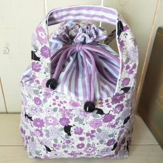 紫花×黒猫 ランチバッグ 巾着袋付きミニトートバッグ(ランチボックス巾着)