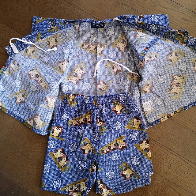 甚平 90 上下セット フクロウ 夏 祭り 浴衣 キッズ/ベビー/マタニティのキッズ服男の子用(90cm~)(甚平/浴衣)の商品写真