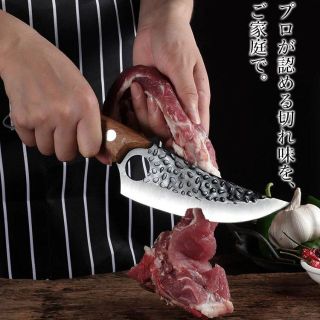 【新品未使用】手打ち鍛造三徳包丁（キャンプ）　レザーケース付き(調理器具)