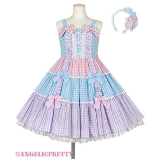 アンジェリックプリティー(Angelic Pretty)のギンガム配色肩リボンジャンパースカート+ カチューシャ(ひざ丈ワンピース)