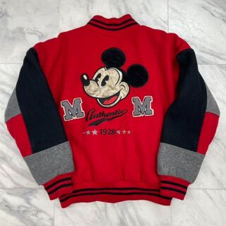 ディズニー(Disney)のディズニー 90s ウールスタジャン ミッキー 赤黒 刺繍ロゴ ワンポイント(スタジャン)