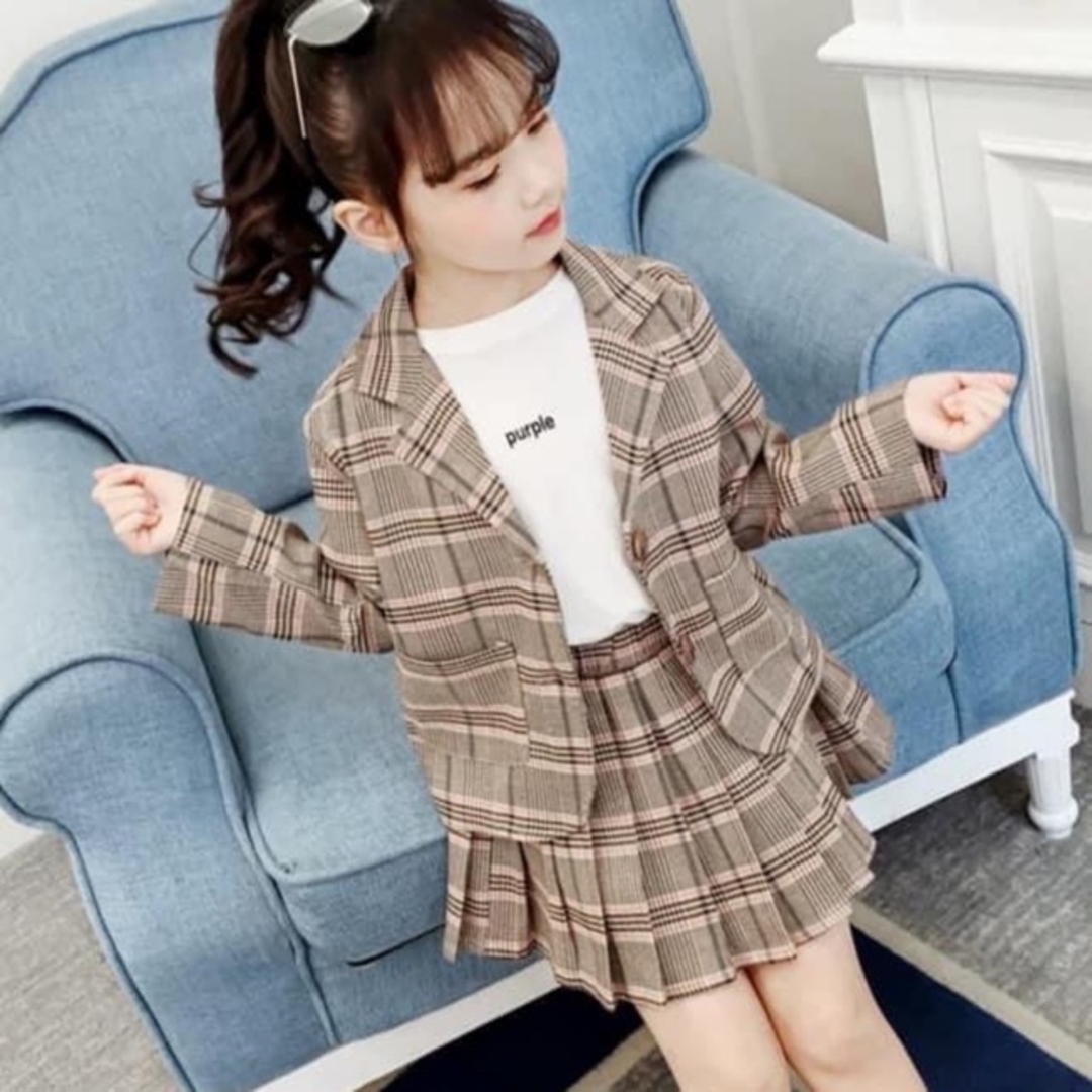 ♡ ブラウン チェック セットアップ ♡ 130 アシメ スカート スーツ キッズ/ベビー/マタニティのキッズ服女の子用(90cm~)(ドレス/フォーマル)の商品写真