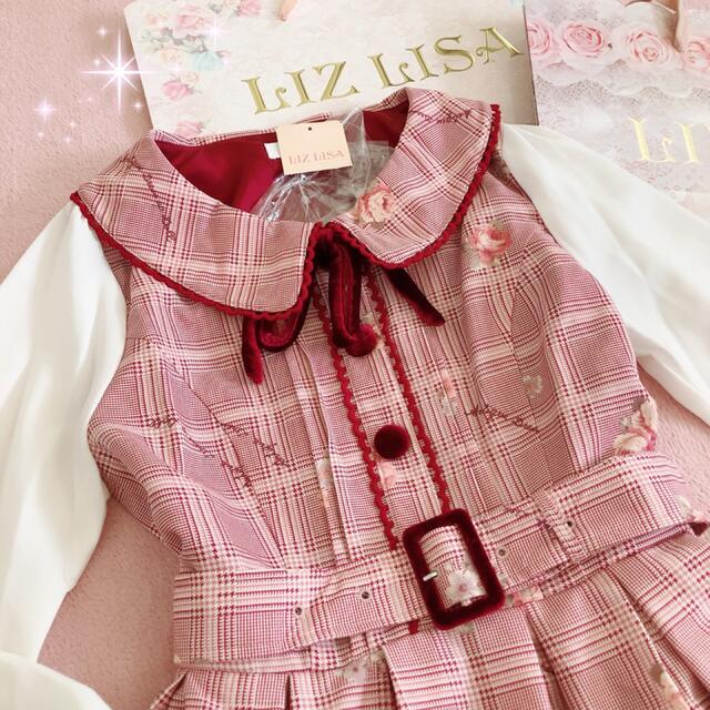 LIZ LISA(リズリサ)の☆リズリサLIZLISA☆グレンチェックローズワンピース☆新品ボルドー レディースのワンピース(ミニワンピース)の商品写真