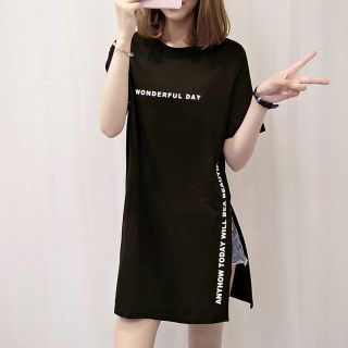 Ｌ⚠️２点‼️スリット半袖Ｔシャツ/ミニワンピース🖤ブラック🖤【春夏服】(ミニワンピース)