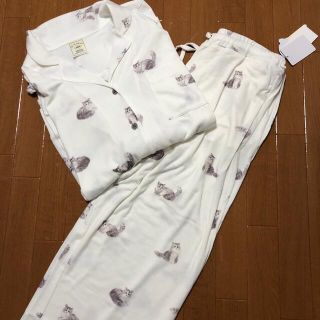 新品 ジェラートピケ 上下 キャット サテン シャツ パンツ パジャマ ねこ