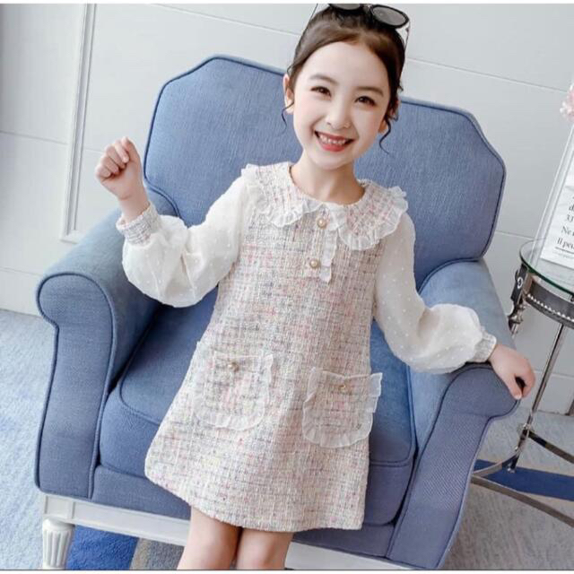 ♡ ツイード風 ワンピース ♡ 新品 白 120 フォーマル キッズ 女の子 キッズ/ベビー/マタニティのキッズ服女の子用(90cm~)(ワンピース)の商品写真