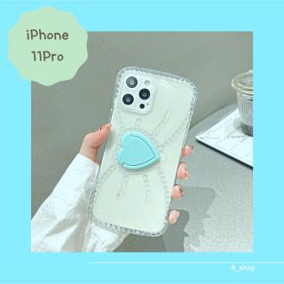 アイフォーン(iPhone)のiPhone11pro ケース　ブルー　リボン　ハート　スマホリング　韓国(iPhoneケース)