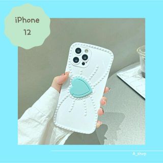 アイフォーン(iPhone)のiPhone12 ケース　ブルー　リボン　ハート　スマホリング　韓国　おしゃれ(iPhoneケース)