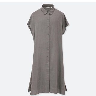 ユニクロ(UNIQLO)のUNIQLO リネンブレンドロングシャツ オリーブ シャツワンピース 羽織り(ロングワンピース/マキシワンピース)