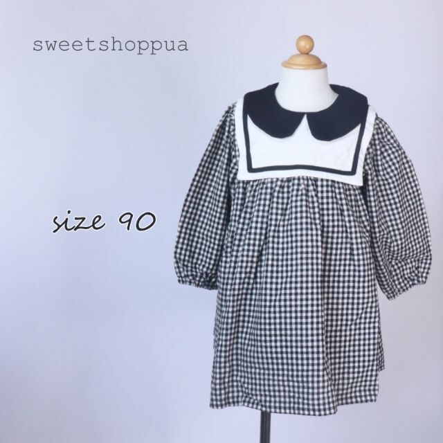 (90)　ぽわん袖 ギンガムチェック 長袖ワンピース pua-402 キッズ/ベビー/マタニティのキッズ服女の子用(90cm~)(ワンピース)の商品写真