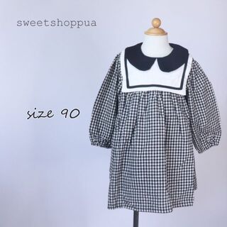 (90)　ぽわん袖 ギンガムチェック 長袖ワンピース pua-402(ワンピース)