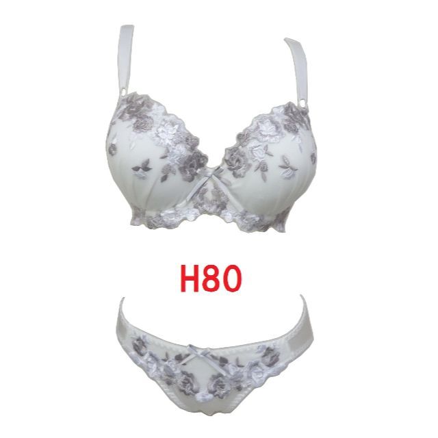 H80/Ｌ・ホワイト　大花柄刺繍ブラジャー＆ショーツ　グラマーカップ　補正下着　 レディースの下着/アンダーウェア(ブラ&ショーツセット)の商品写真