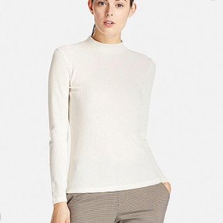 ユニクロ(UNIQLO)のユニクロ リブハイネックT  美品 白 S(カットソー(長袖/七分))