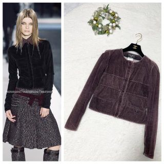 シャネル(CHANEL)の本物 シャネル 装飾ボタン ノーカラー ベロア ジャケット 34 ボルドー系(ノーカラージャケット)