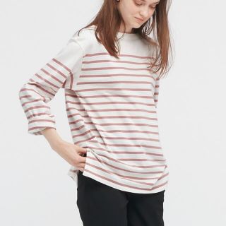 ユニクロ(UNIQLO)のユニクロ ボーダーオーバーサイズT(長袖) ピンク Sサイズ(Tシャツ(長袖/七分))