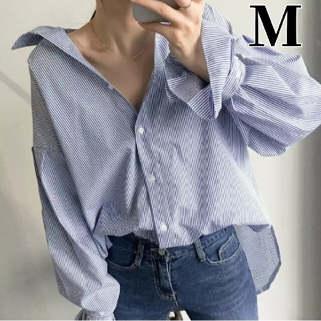 M ブルー ブラウス ダボかわ ゆるふわ ストライプ  韓国ファッション レディースのトップス(シャツ/ブラウス(長袖/七分))の商品写真
