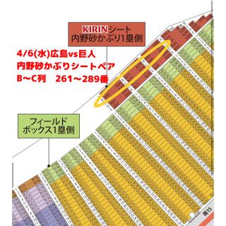 ヒロシマトウヨウカープ(広島東洋カープ)の広島カープVS読売ジャイアンツ 4/6  1塁側砂かぶり席ペア　マツダ　巨人(野球)