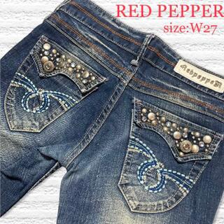 レッドペッパー(REDPEPPER)のRED PEPPER レディース　ブルーデニム　W27 フレア　刺繍　スタッズ(デニム/ジーンズ)