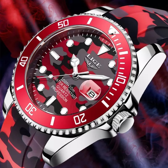新品 LIGE カモフラージュオマージュウォッチ シリコンストラップメンズ腕時計