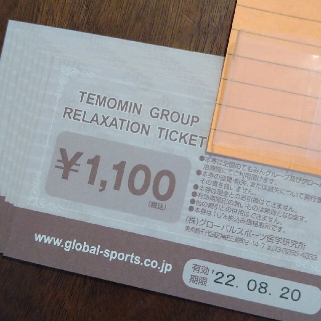 てもみん チケット 1100円10枚 11,000円分 - その他