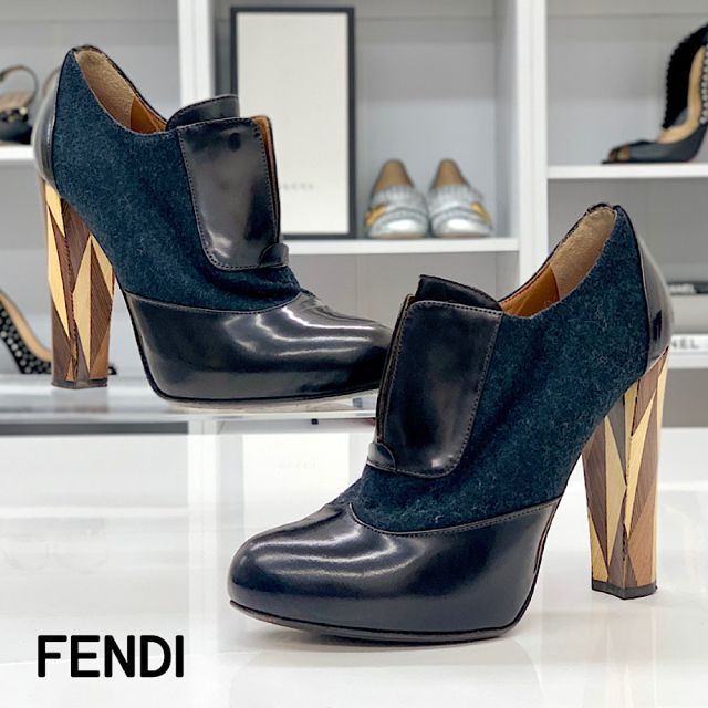 FENDI(フェンディ)の3854 フェンディ レザー ウール ブーティ グレー ブラウン レディースの靴/シューズ(ブーティ)の商品写真