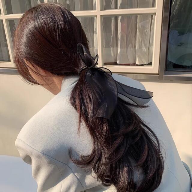 リボンヘアゴム オーガンジー  大きめ ヘアアクセサリー レディースのヘアアクセサリー(ヘアゴム/シュシュ)の商品写真