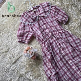 ブランシェス(Branshes)の美品✨ブランシェス　シャツワンピース　ビッグカラー　チェック　シフォン　ロング(ワンピース)