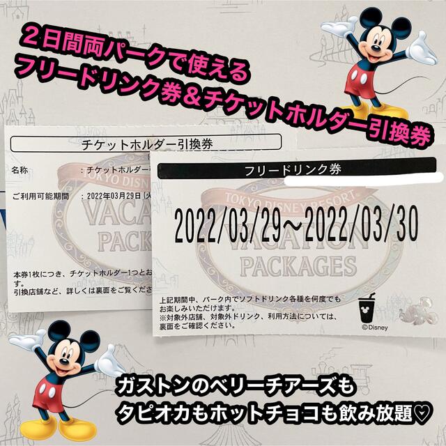 Disney(ディズニー)のフリードリンク券＆チケットホルダー引換券2022.3.29〜30 チケットの優待券/割引券(フード/ドリンク券)の商品写真