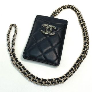 シャネル(CHANEL)のシャネル CHANEL マトラッセ CC ココマーク チェーンストラップ パスケース 定期入れ カードケース ラムスキン ブラック 美品(パスケース/IDカードホルダー)