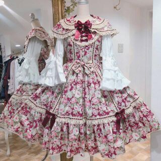 メタモルフォーゼタンドゥフィーユ(metamorphose temps de fille)の【メタモルフォーゼ 】ケープ付きフリルリボンJSK（花柄）えんじ系(ひざ丈ワンピース)