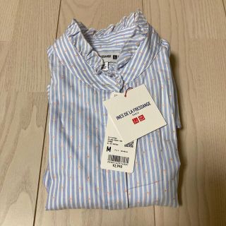 ユニクロ(UNIQLO)のUNIQLOイネス　コットンフリルシャツ（長袖）ブルーM(シャツ/ブラウス(長袖/七分))