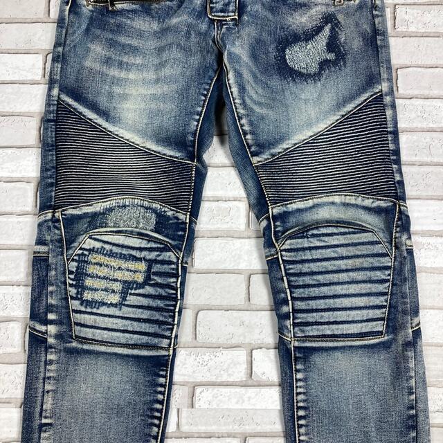 BALMAIN バルマン　バイカーデニム　蛇腹　ダメージ加工　インディゴ　28