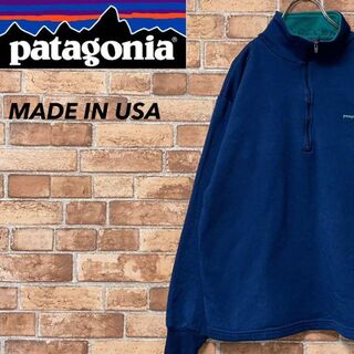 patagonia - パタゴニア　USA製　フリース　刺繍ロゴ　ネイビー　ハーフジップ　アウトドア　M