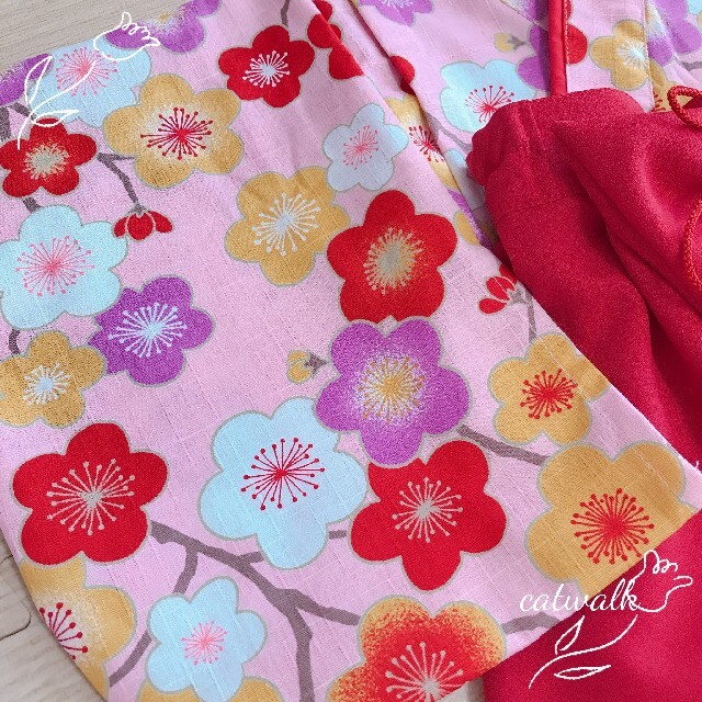 古典桜（ピンクベース）☓濃赤　 70~80 ハンドメイドベビー袴