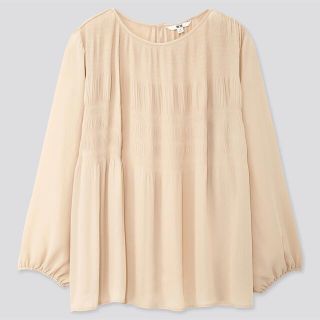 ユニクロ(UNIQLO)のジョーゼットプリーツブラウス（長袖） Lサイズ　NATURAL(シャツ/ブラウス(長袖/七分))