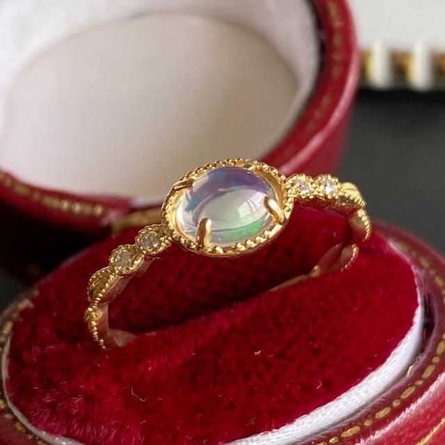 【追加入荷】メキシコ産 天然ウォーターオパール 天然ダイヤモンド 18金 リング(指輪)