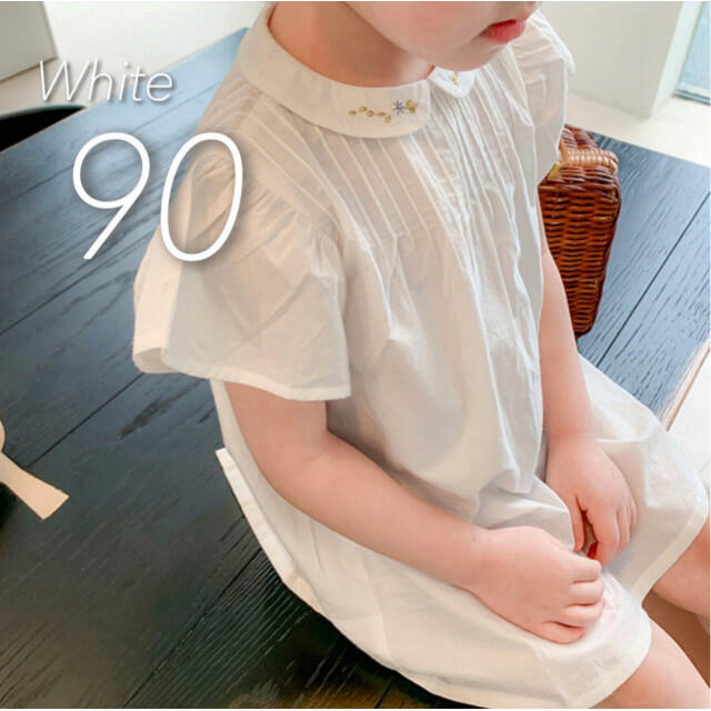 キッズ 半袖 ワンピース 90 白 女の子 フリル袖 春服 夏服 韓国 子供服
