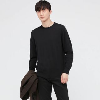 ユニクロ(UNIQLO)のエクストラファインメリノクルーネックセーター（長袖）ブラック Lサイズ(ニット/セーター)