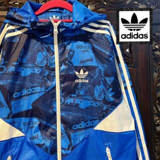 アディダス(adidas)のアディダス ロゴづくし ブルー ウィンドブレーカー ジャージ ナイロンパーカー(ナイロンジャケット)