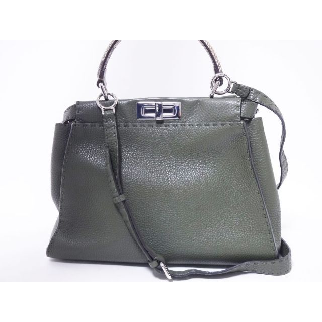 FENDI(フェンディ)のFENDI フェンディ PEEKABOO ピーカブー REGULAR レギュラー ハンドバッグ ショルダーバッグ ２ＷＡＹ レザー パイソン OLIVE DESERT WHITE PALLADIUM 8BN290 5QK F0K15 美品 レディースのバッグ(トートバッグ)の商品写真